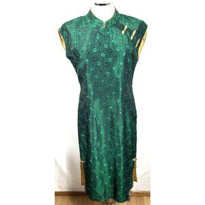 Asian Cheongsam Dress Green Gold Sz M Zip Closure Fully Lined Vintage